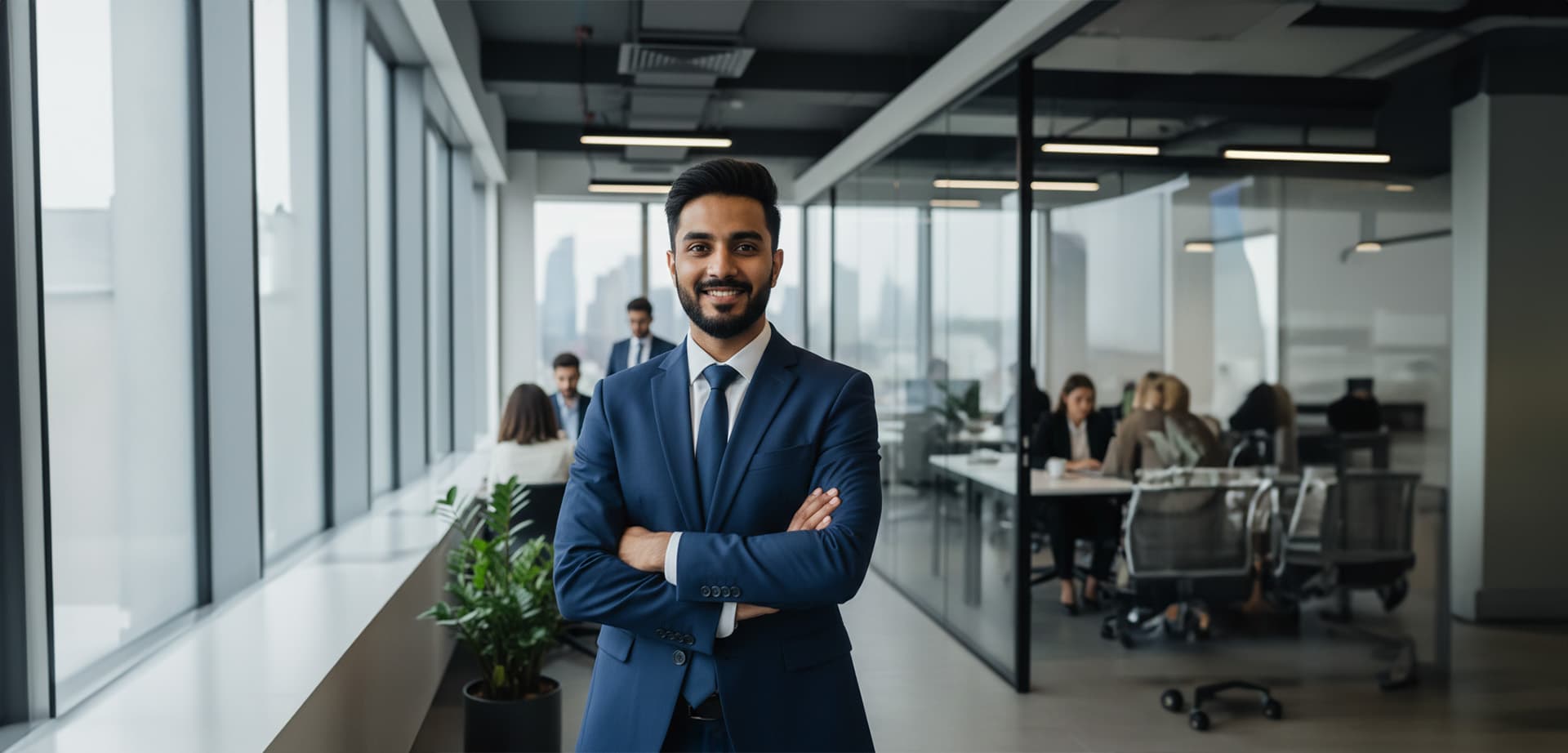 A smiling Oriom Realty professional in the office